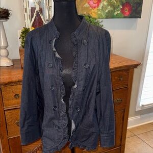 LOFT Dark Indigo Ruffle-Front Jean Jacket - EUC -Size XL